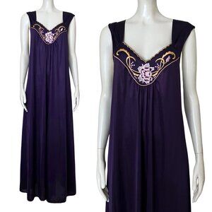 Vintage 70s Vanity Fair Purple Embroidered Slip Long Nightgown M/L Romantic Glam